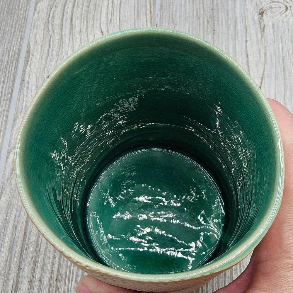 Crate & Barrel Portugal Textured Tan Ceramic Vase Teal Crackle Glaze Interior 7